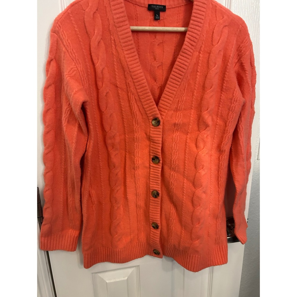 Talbots Petite Coral Orange Cable Knit V-Neck Button Front Cardigan Sweater SP